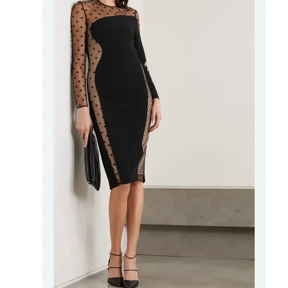 stella mccartney sheer polka dot dress Stella McCartney Polka Dots Print Half Shoulder Dress in Black & Cream